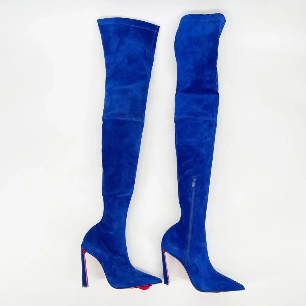 Christian Louboutin Condora Botta Alta Galactiqueen Blue Suede OTK Boots EU 37